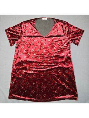 Natural Life M Velvet Floral Tunic Mini Dress Brick Red Relaxed Fit Short Sleeve